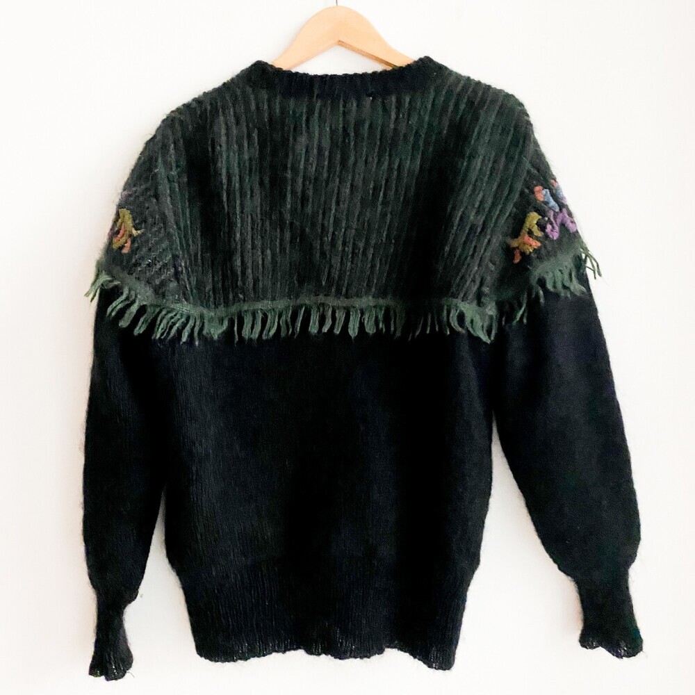 Vintage Baroni Tricot Black Mohair Floral Embroidery Cardigan Sweater L - Picture 5 of 5